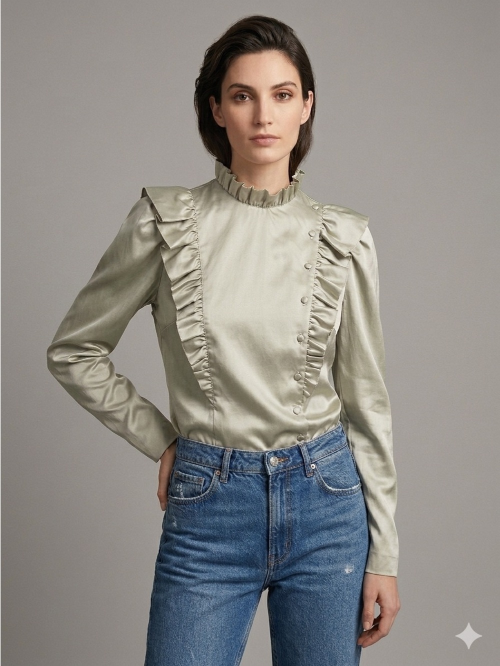 Vintage Ruffled Puff Shoulder Long Sleeve Taffeta Blouse - Small 🇯🇵